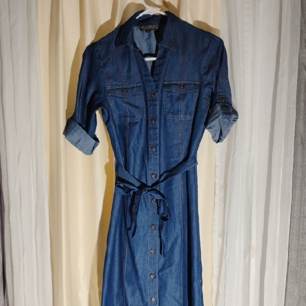 Chic Long Sleeve Denim Dress with Waist Tie